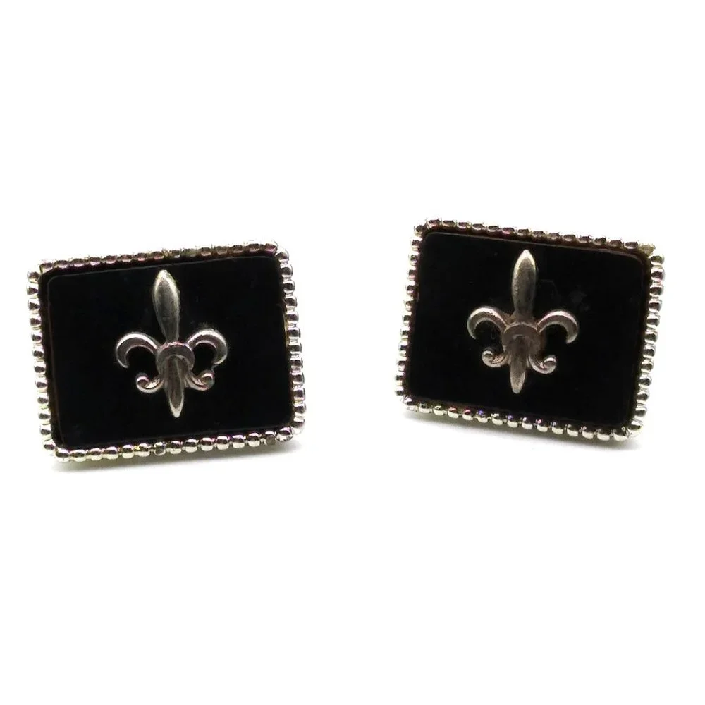 Vintage Fleur de Lis Cuff Links, Dapper Silver Tone on Black Background
